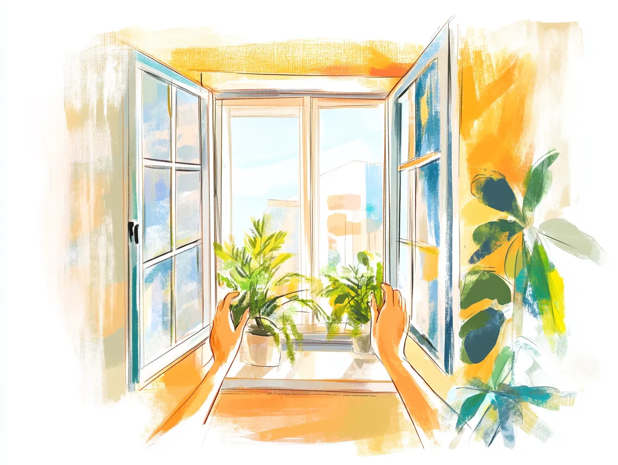 Frau lüftet Wohnung, Fenster weit geöffnet