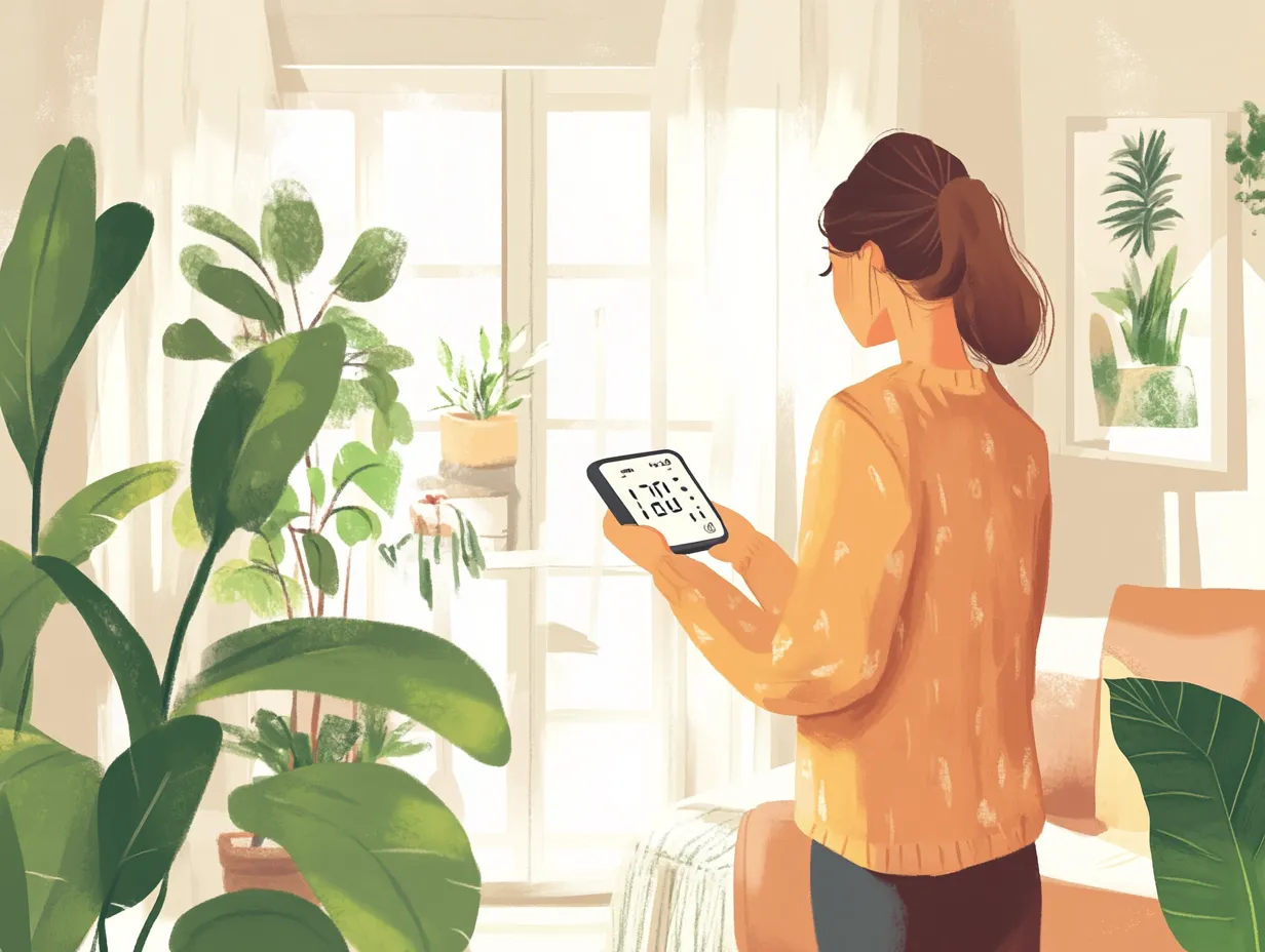 Frau misst Luftfeuchtigkeit mit Hygrometer