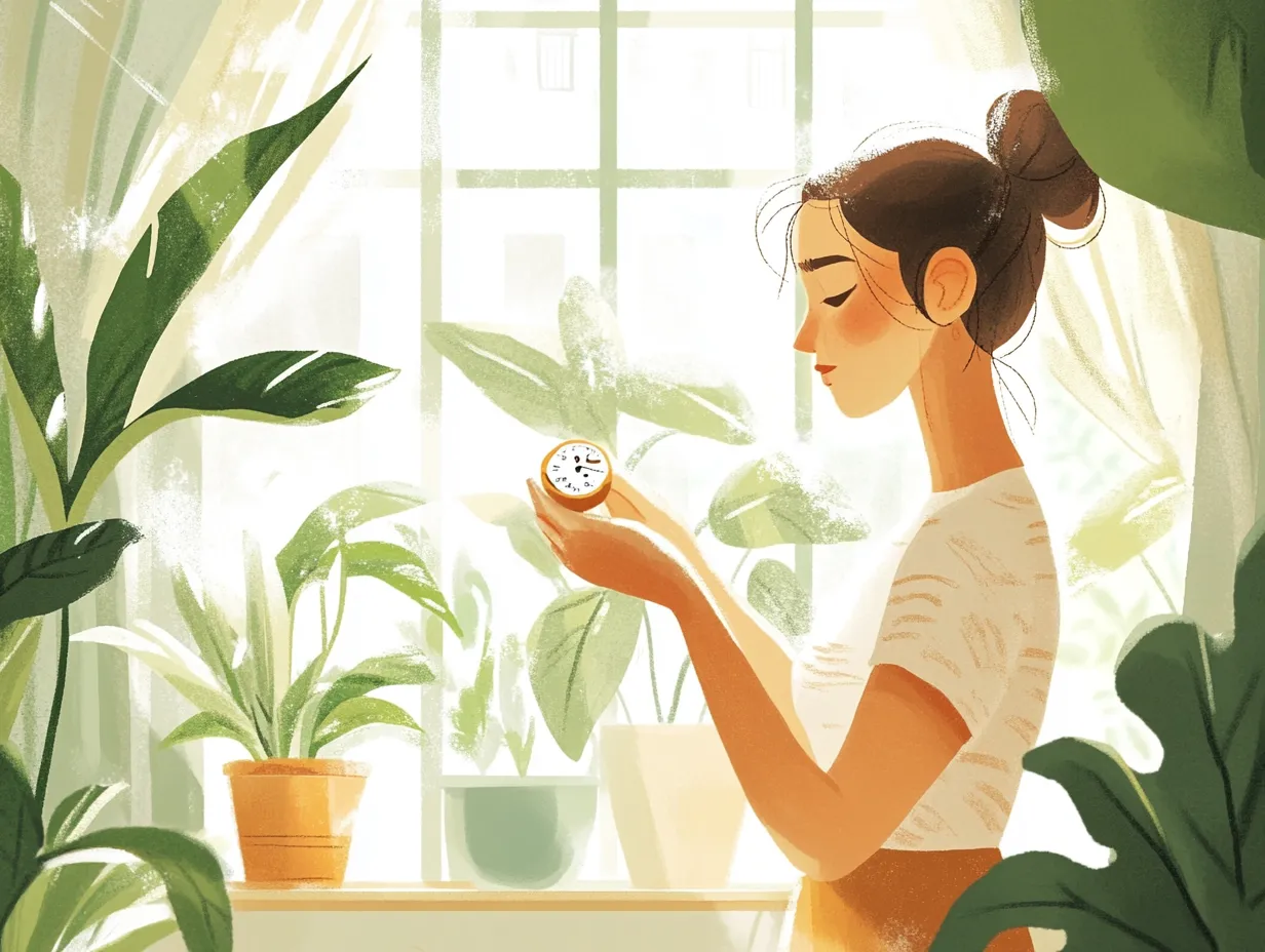 Frau misst Luftfeuchtigkeit im Wohnzimmer mit Hygrometer, Zimmerpflanzen im Hintergrund.