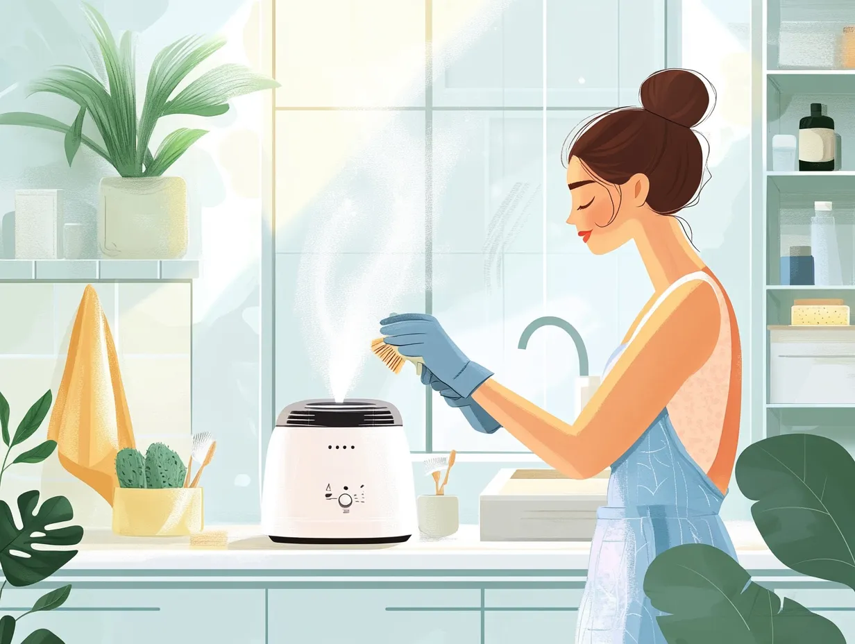 Frau reinigt einen Luftbefeuchter im Badezimmer.